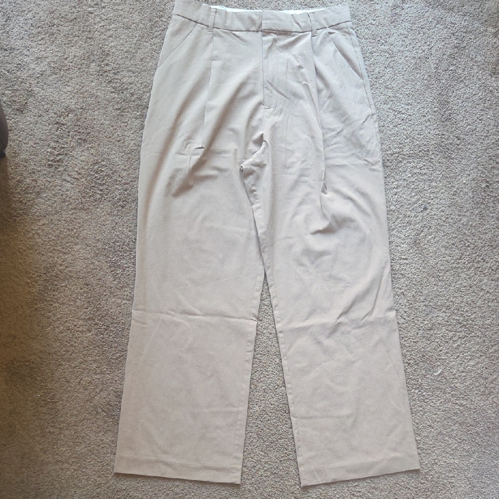 Zara Tan High Waisted Trousers Women’s Size L Wide Leg Tailored Pleated